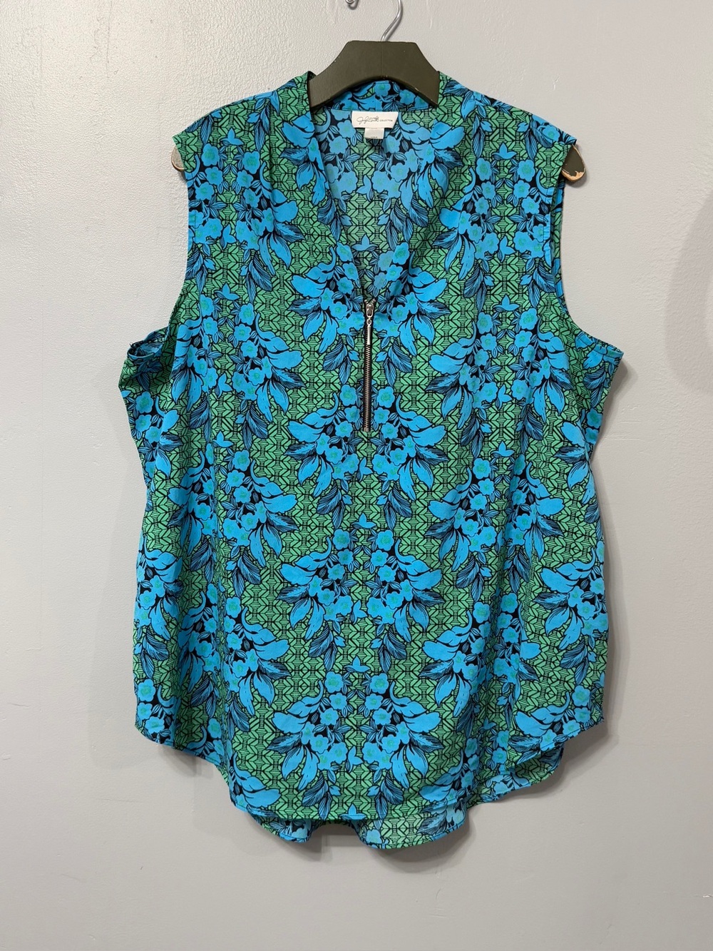 #17)  Sleeveless Floral Zip-Front Camisole - Blue & Green